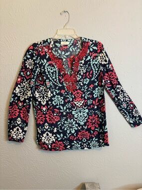 Charter Club Navy Floral V-Neck Top with Coral Lace Trim